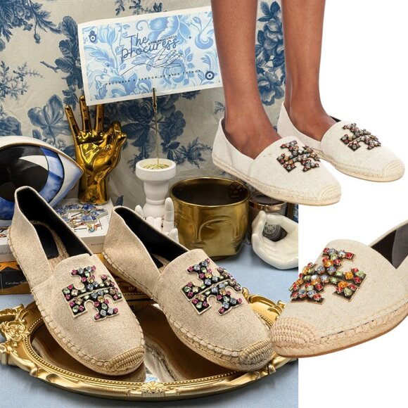 🆕 TORY BURCH 🧿 NWOB Ines Linen & Leather Bejewelled Espadrilles - Sz 10 M - Picture 1 of 13